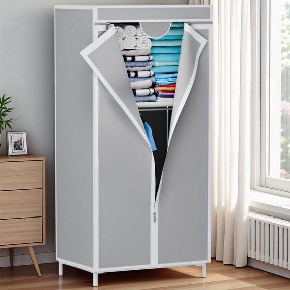 Homely-Hub Portable Wardrobe Closet, Fabric Organizer with Hanging & Folding Sections & Full Zipper Cover for Bedroom, Dorm, Apartment, Light Gray