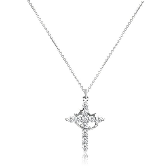 Silver & Stone Jewels Crown Cross for Women 14K White Gold Plated CZ Pendant Necklace
