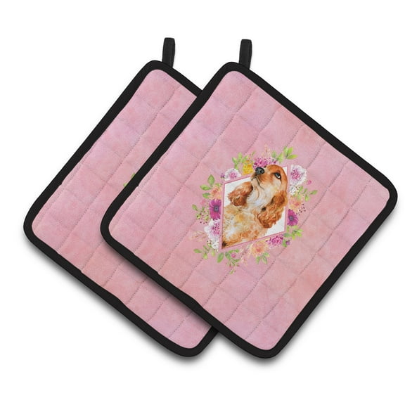 Cocker Spaniel #2 Pink Flowers Pair of Pot Holders