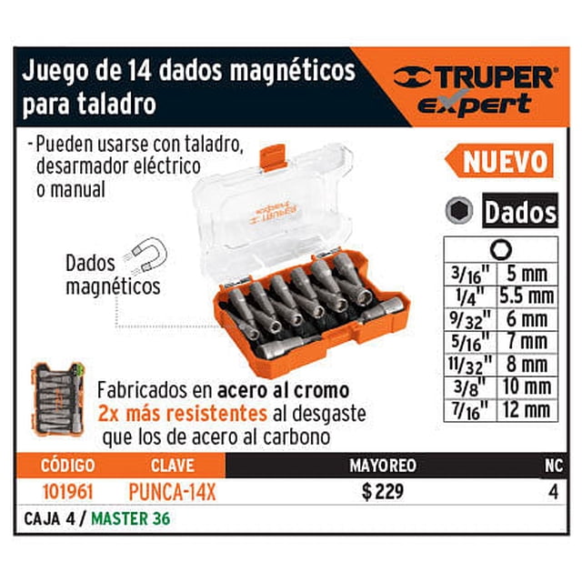 Juego de dados magnéticos para taladro,14 pzas,Truper Expert Truper Juego de dados magnéticos para taladro,14 pzas,Truper Expert