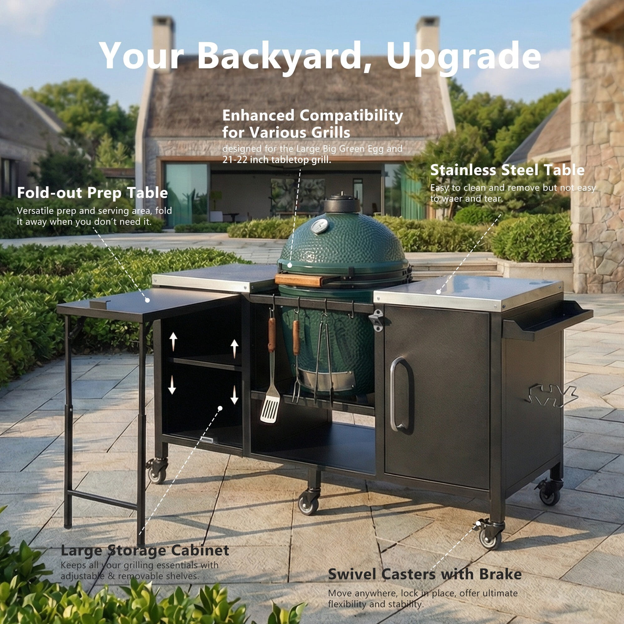 AENKYO 72" Outdoor Grill Cart for Big Green Egg, Metal BBQ Kitchen Island w/ Fold-out Prep Table & Stainless Top