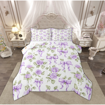 Manfei Rustic Flower Floral Queen Comforter Set, Vintage Garden Purple Rose Bedding Sets, French Bohemian Style Reversible Bedding Comforter Set, Lightweight Room Decor, 3-Piece