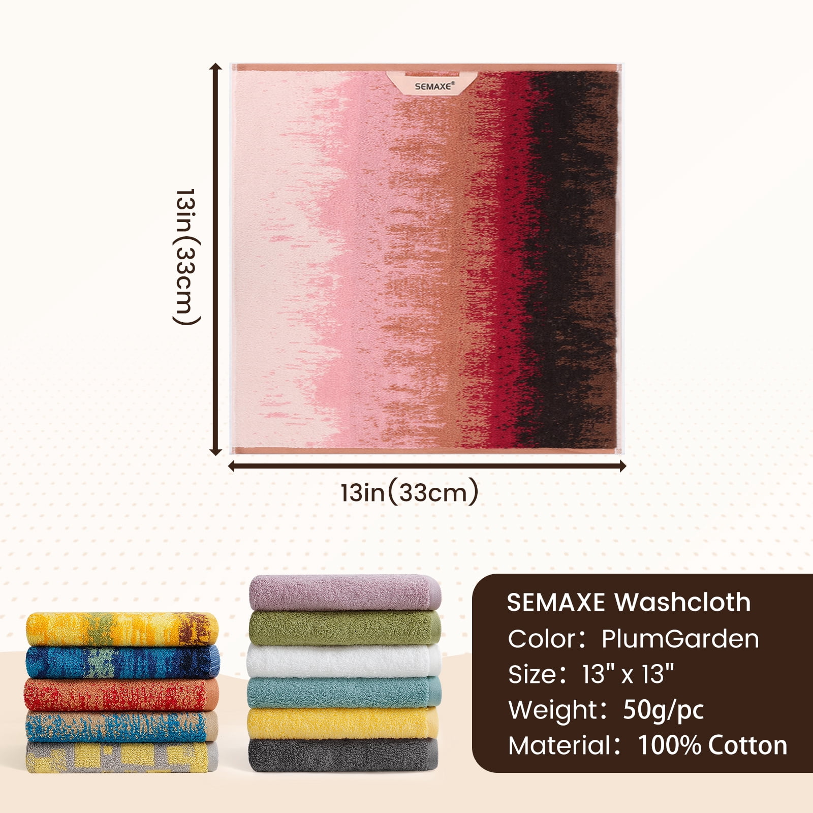 SEMAXE Washcloths 12-Pack 13x13 Inch: 100% Organic Cotton Face Towels | Ultra Soft, Quick-Dry & Super Absorbent for Bathroom, Gym, Spa & Hotel | Zero Lint, Lightweight & Bulk Pack, Plum Garden