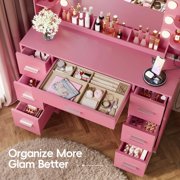 Furmax Vanity Set with Large Mirror & Adjustable Lights, Makeup Vanity Table with 7 Drawers & Open Shelves Vanity Desk for Bedroom, Pink
