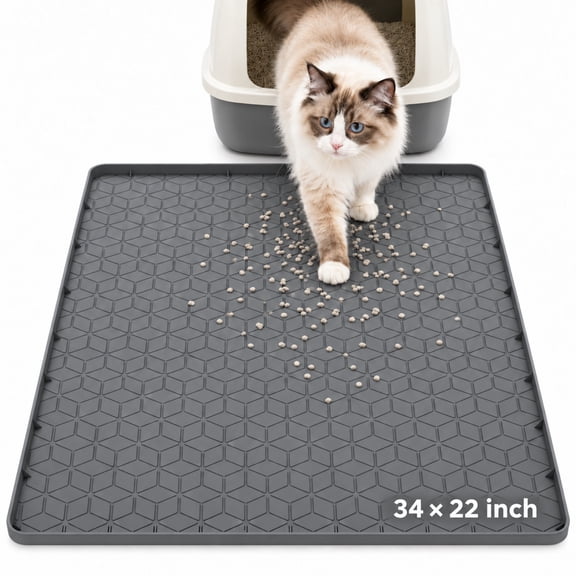 GokeLQ Cat Litter Mat, 34" x 23" Large Silicone Litter Box Mat with 20mm Raised Edge, Waterproof Urine-Proof Non-Slip Litter Trapping Mat, Easy to Clean, Dark Gray