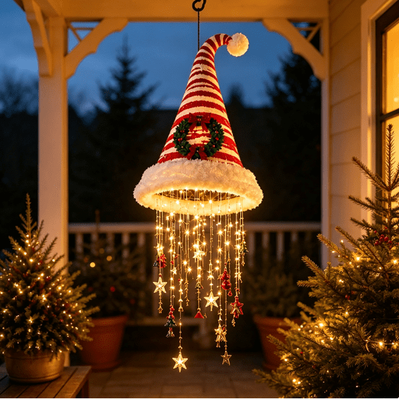 Lighted Santa Hat Hanging Chandelier, Christmas Themed Hanging Light, Perfect for Front Entryway, Yard and Seasonal Party Decoration