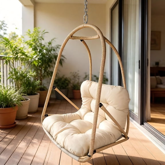 Fehomix Egg Chair Without Stand, Hanging Wicker Swing Chair with Cup Holder & Cushion, 350lbs Foldable Rattan Basket Chair for Indoor Outdoor Patio Balcony Porch