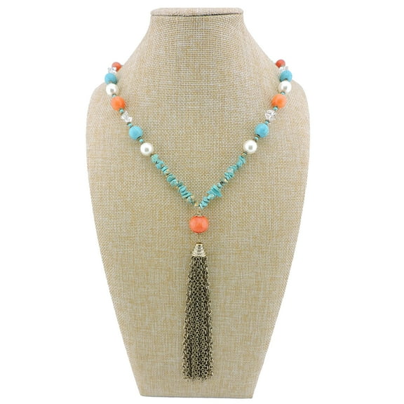 Bocar Long Chain Necklace Earrings with Tassel Pendant Colorful Crystal Stone Statement Drop Necklace for Women Fashion Jewelry Set (N0049)