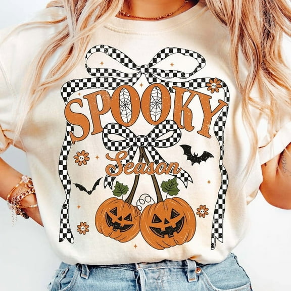 Spooky Season Pumpkin Cherries T-Shirt, Halloween Coquette Bow T-Shirt, Girly Halloween T-Shirt, Fall Shirt , Spooky Mama T-Shirt Halloween Shirt Design