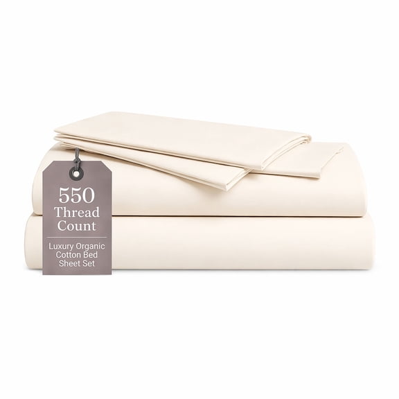 Organic Textiles Premium Organic Cotton Bed Sheets, 550 Thread Count - GOTS Certified (Queen, Ivory) - (4 Pcs.)