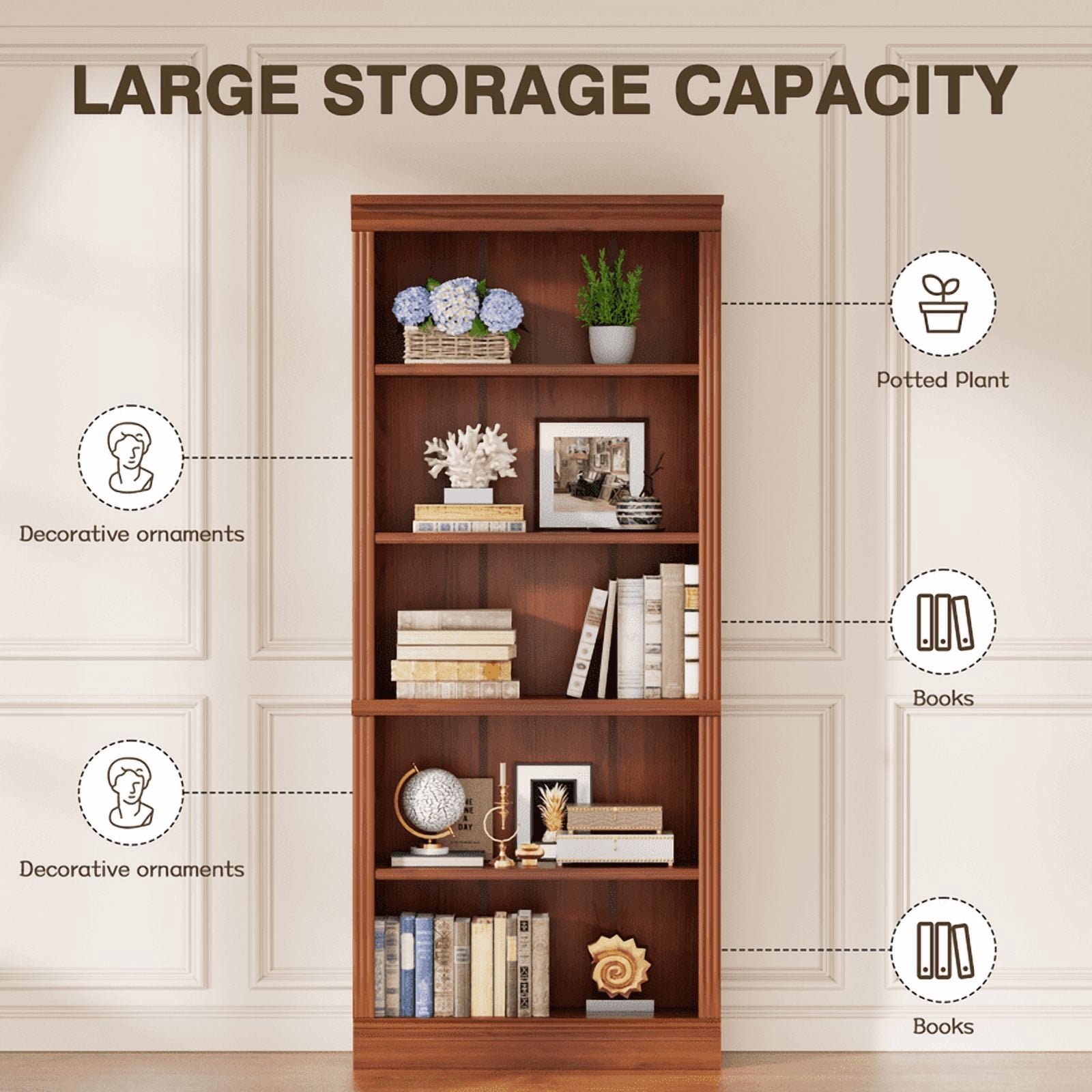 Vineego 5-Shelf Corner Bookcase - Sturdy Red Storage for Home Office, Living Room
