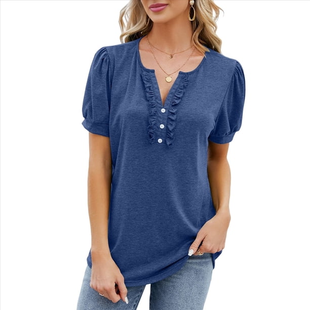 Blusas Tipo Túnica para Mujer, Informales, con Cuello en V, Corta, Blusas de Verano con Mangas Abullonadas y Volantes. Azul Marino L