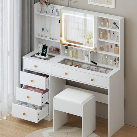 Ktaxon Large 47.2  Makeup Vanity with 3 Color Lights  Vanity Desk with USB Charging Station  Vanity Makeup Table with Visible Drawers  Hidden and Open Storage Shelves  White