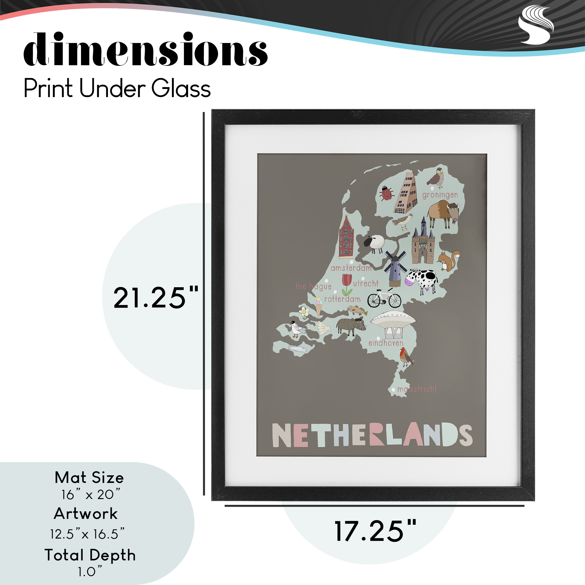 Kid's Map of Netherlands Black Framed Print Under Glass, design by Carla Daly