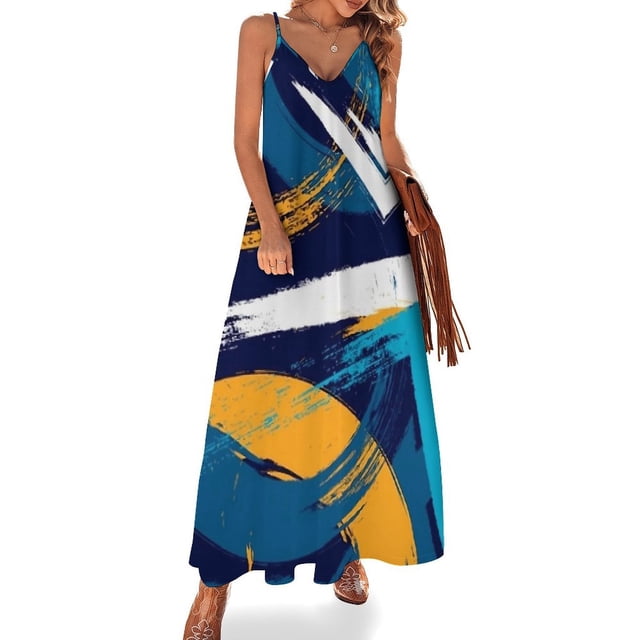 Vestido largo informal con escote en V y tirantes, estilo informal, con pinceles abstractos, color rojo, azul y amarillo