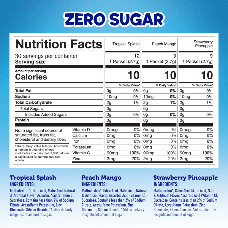 Dole Powdered Drink Mix Variety Pack, Tropical Splash, Peach Mango, Strawberry Pineapple, Sugar-Free, 30 Count