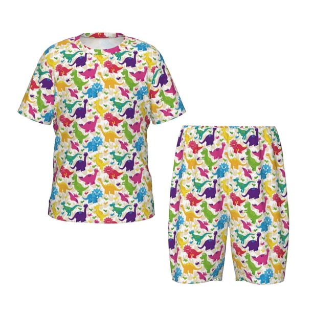 Balery Colorful Dinosaurs Conjunto de Pijama Infantil de Manga Corta con Estampado – Ropa de Dormir de Algodón Suave-Large