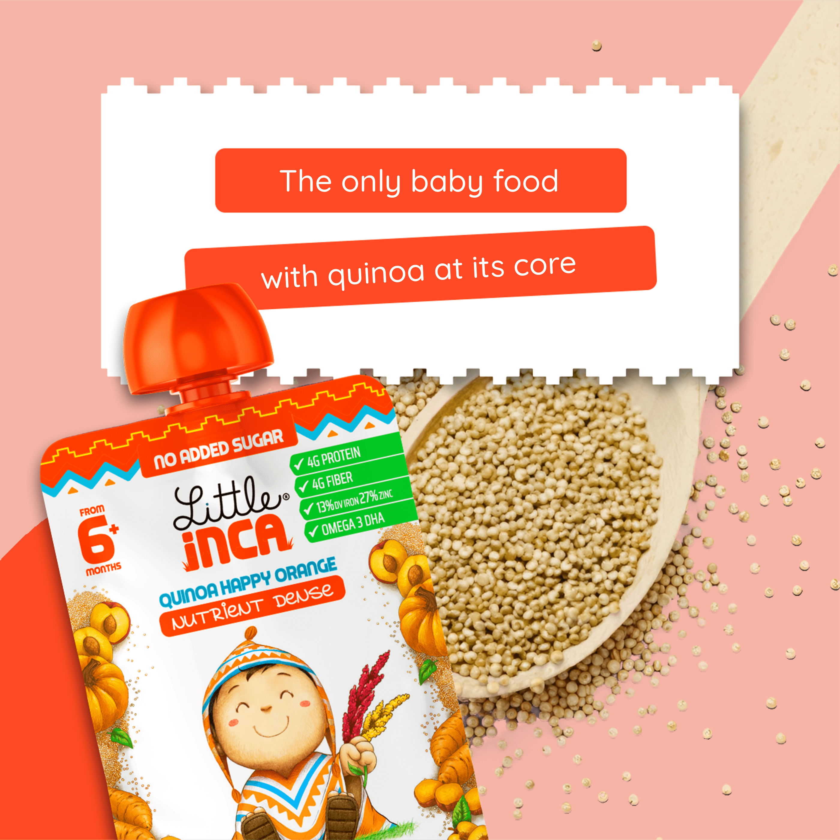 Little Inca Stage 2 Baby Food Pouches, Quinoa Happy Orange Baby Puree, Plant Based High Protein, Dairy-Free, 6 x 3.5oz