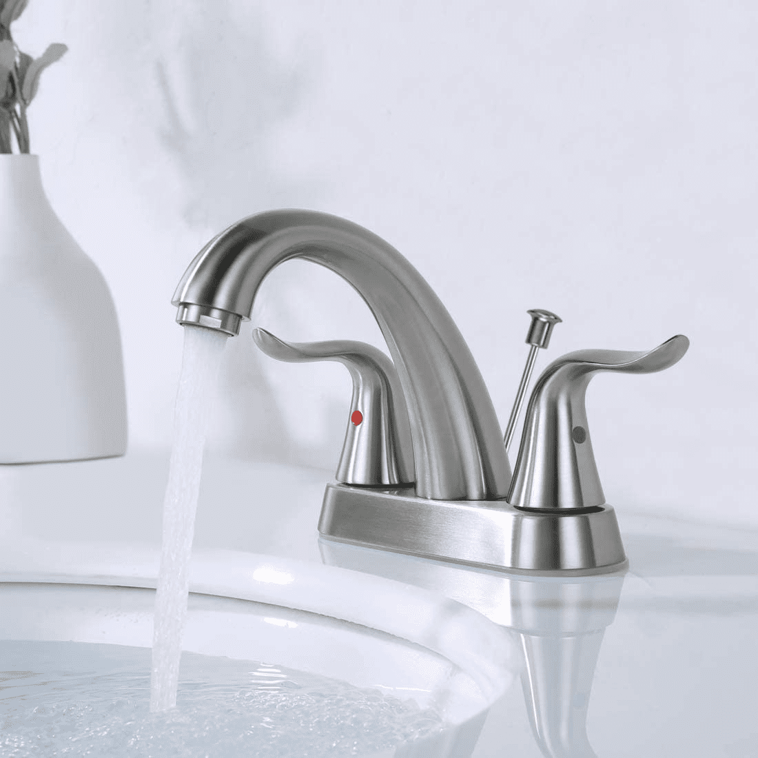 WOWOW 2 Handle 4 Inch Centerset Bathroom Sink Faucet in Brushed Nickel, Lead-Free Basin Mixer Tap with Lift Rod Drain Stopper