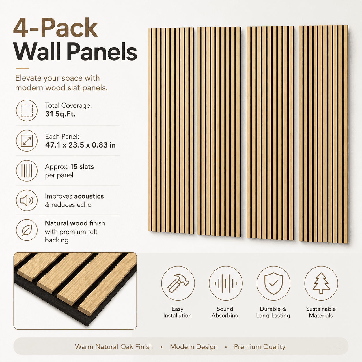 4-Pack Wood Slat Acoustic Wall Panels, 23.5" x 47.1" MDF Slat Wall Paneling for Modern Interior Wall Decor, Sound Absorbing Accent Panels, 31 Sq. Ft,Oak