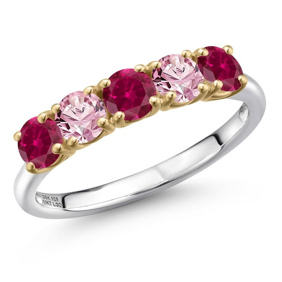 Gem Stone King 925 Silver and 10K Yellow Gold Red Created Ruby and Pink Lab Grown Diamond Wedding-Bands Ring for Women | 1.25 Cttw | Round 4MM | Gemstone July Birthstone | Size 5