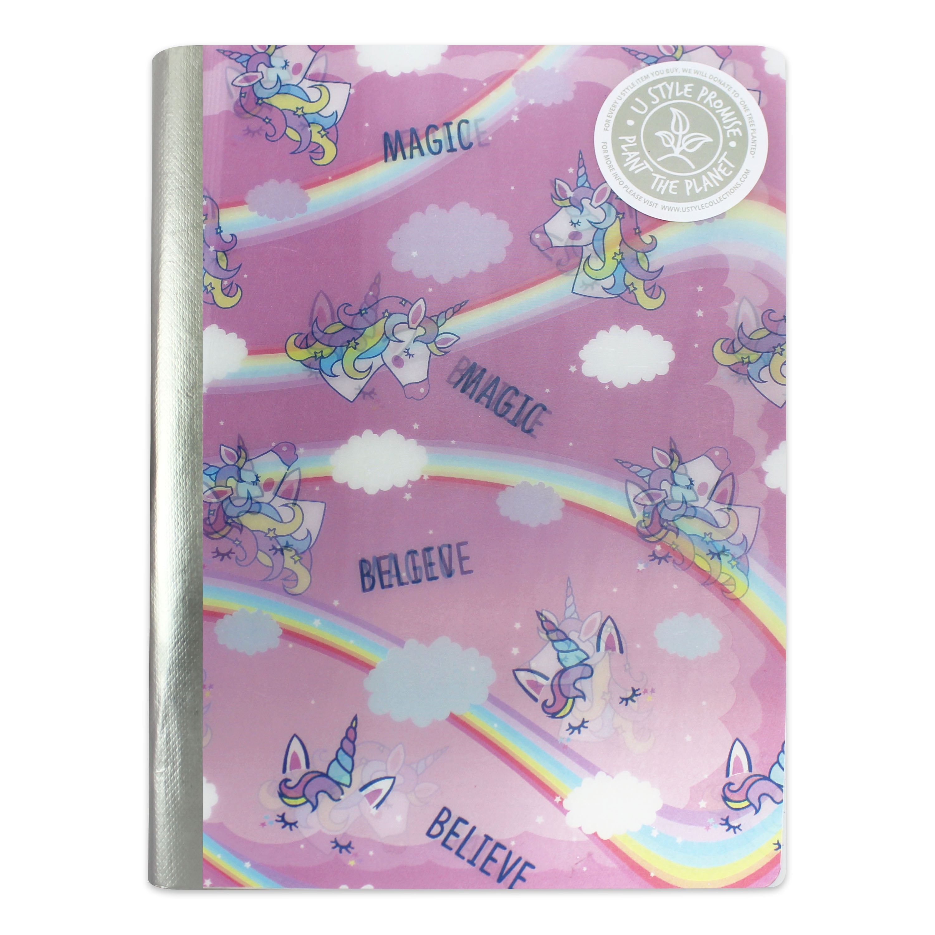 U Style Dinocorn Lenticular Composition Book, 100 Sheets, Wide Rule, Pink