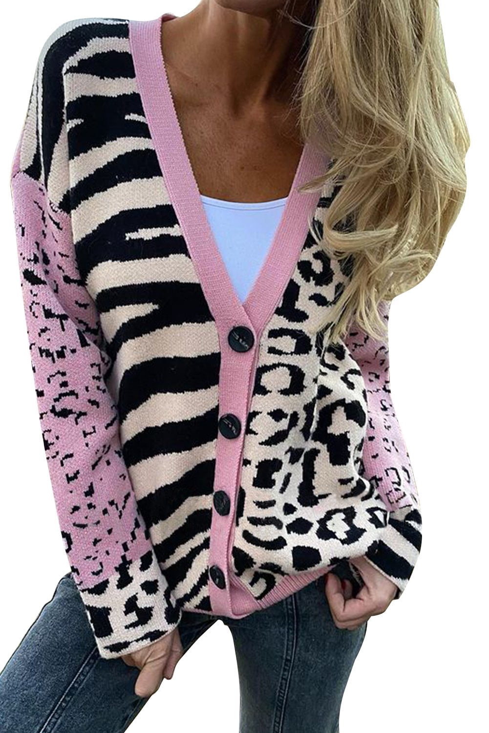 Women Pink Animal Print Buttons 