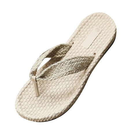 

Women Slippers Spring And Summer Women Slippers Cotton Linen Flip Flops Solid Color Simple Style Beach Flat Bottom Beige 6.5