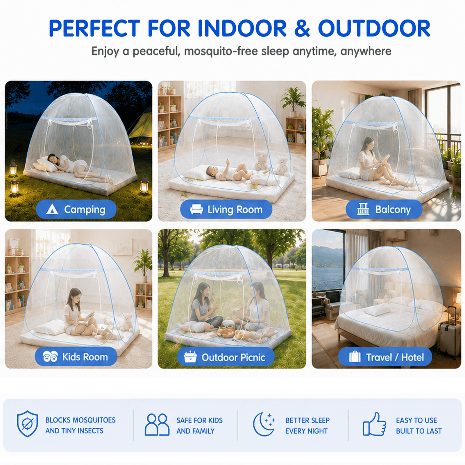 Leyeet Mosquito Net for Bed, Foldable Net Bed with Zipper Closure Design, Automatic Pop Up Mosquito Net, Portable Insect-Proof Mosquito Net Tent for Indoor, Outdoor Camping, Travel, Easy Installation