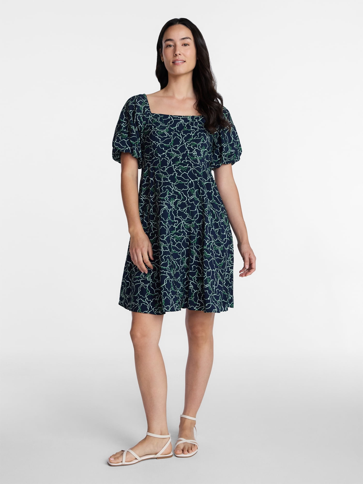Time and Tru Women's Mini Dress with Puff Sleeves, Sizes XS-XXXL