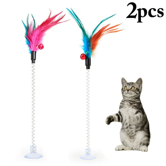 2PCS Cat Teaser Wand Faux Feather Mouse Bell Spring Suction Cup Cat Wand Cat Toy