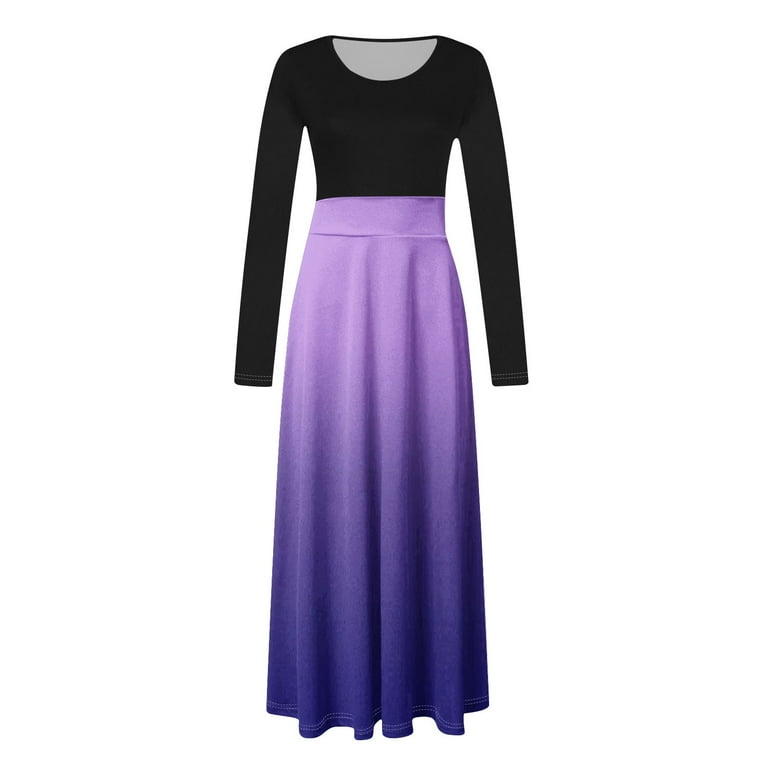 House Dresses for Older Women Womens Casual Printed Round Neck Long Sleeved  Patchwork A-Line Flowy Dress Long Maxi Dress Button up Dress S-75 Purple M 
