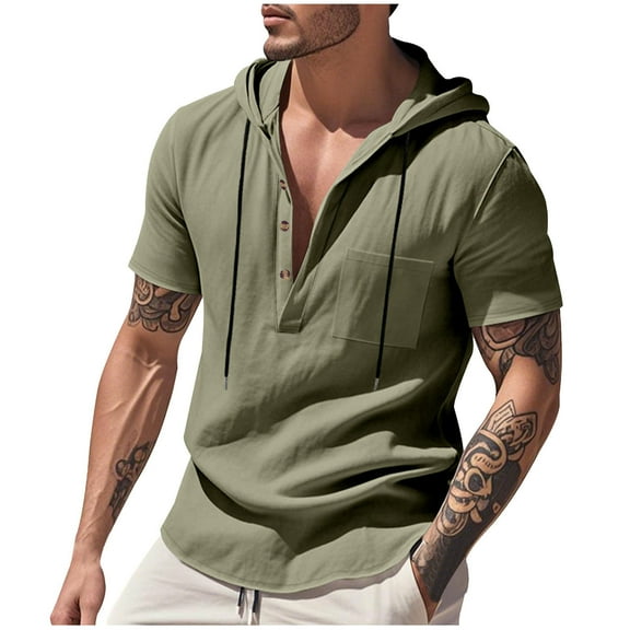 Mens Drawstring Hooded T-Shirt, Short Sleeve Shirts for Men Summer Casual Solid Color V Neck Button Up Hoodies with Pockets S-3XL