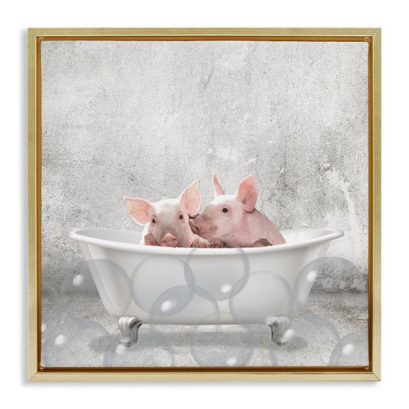 Stupell Industries Baby Piglets Bath Time Animals & Insects Painting Gold Floater Framed Canvas Art Print Wall Art, 25 x 25