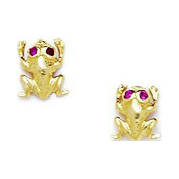 14k Yellow Gold Red Cubic Zirconia Frog Shaped Screw-Back Earrings - Measures 7x6mm
