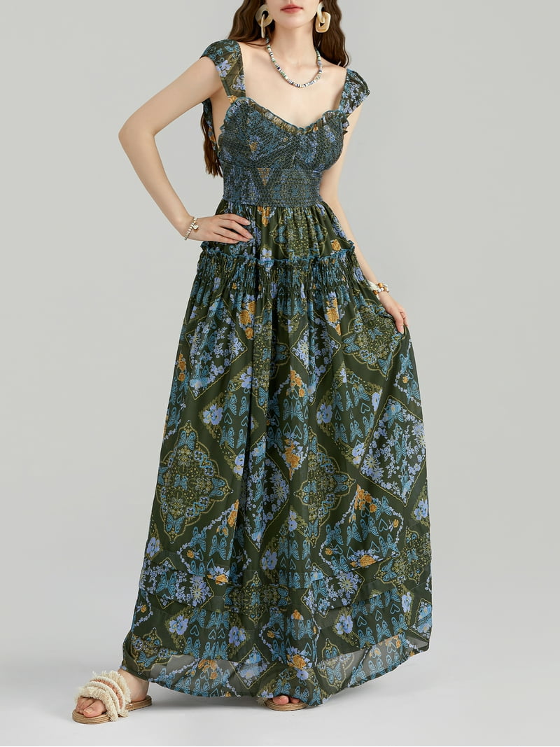 Michellecmm Women's Long Dress Vintage Print Cap Sleeve A-Line Layered Dress  - Walmart.com