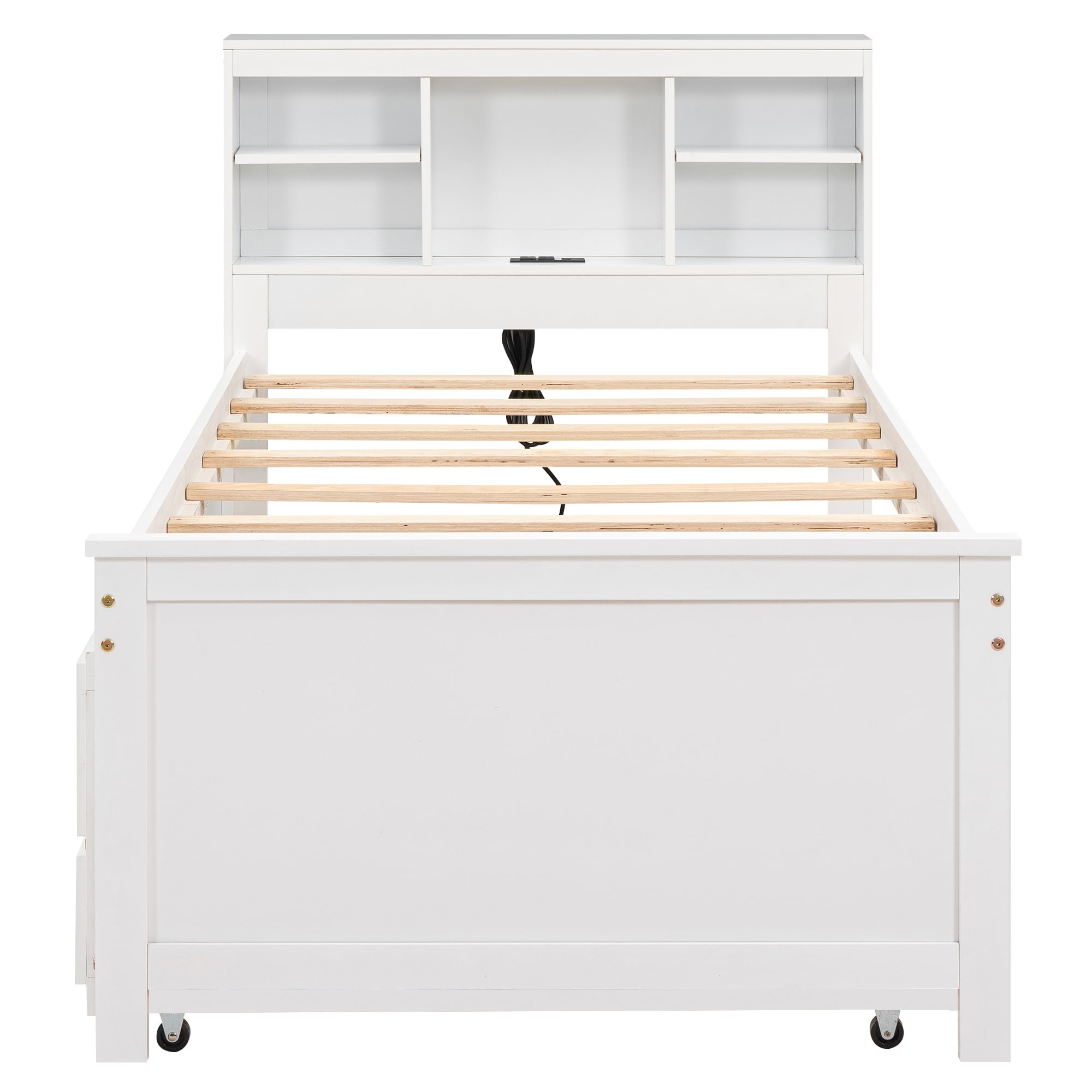 Euroco Wood Twin Size Platform Bed with Storage Headboard, Trundle Bed and 3 Drawers, USB Charging and Shleves for Kids Teens, White