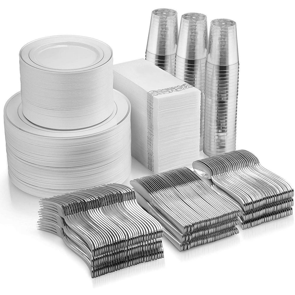 700 Piece Silver Dinnerware Set 200 Silver Rim Plastic Plates 100