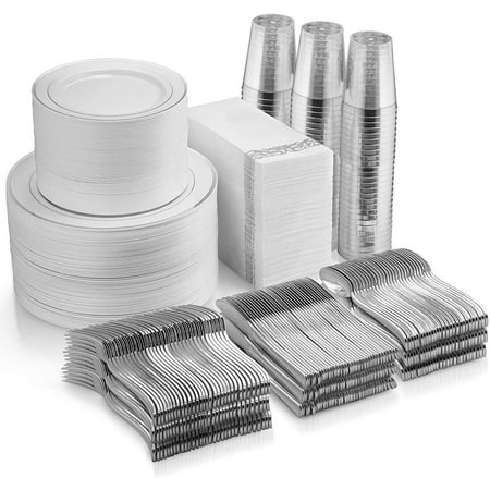 700 Piece Silver Dinnerware Set - 200 Silver Rim Plastic Plates - 100 Silver Plastic Silverware - 100 Silver Plastic Cups - 100 Linen Like Silver Napkins, 100 Guest Disposable Silver Dinnerware Set