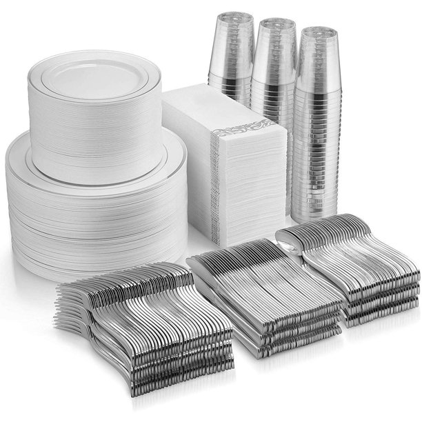 700 Piece Silver Dinnerware Set 200 Silver Rim Plastic Plates 100
