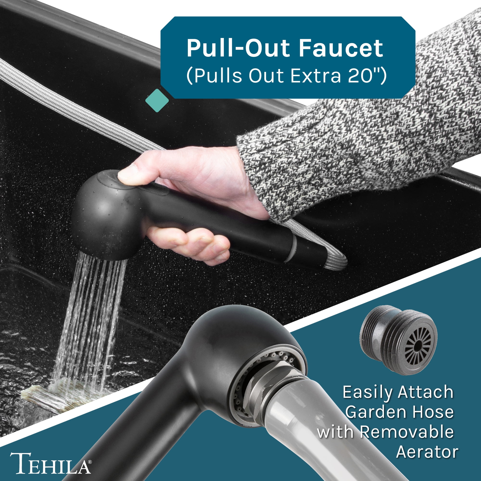 Tehila Wall Mounted Black Utility Sink with Matte Black Finish Pull-out Faucet