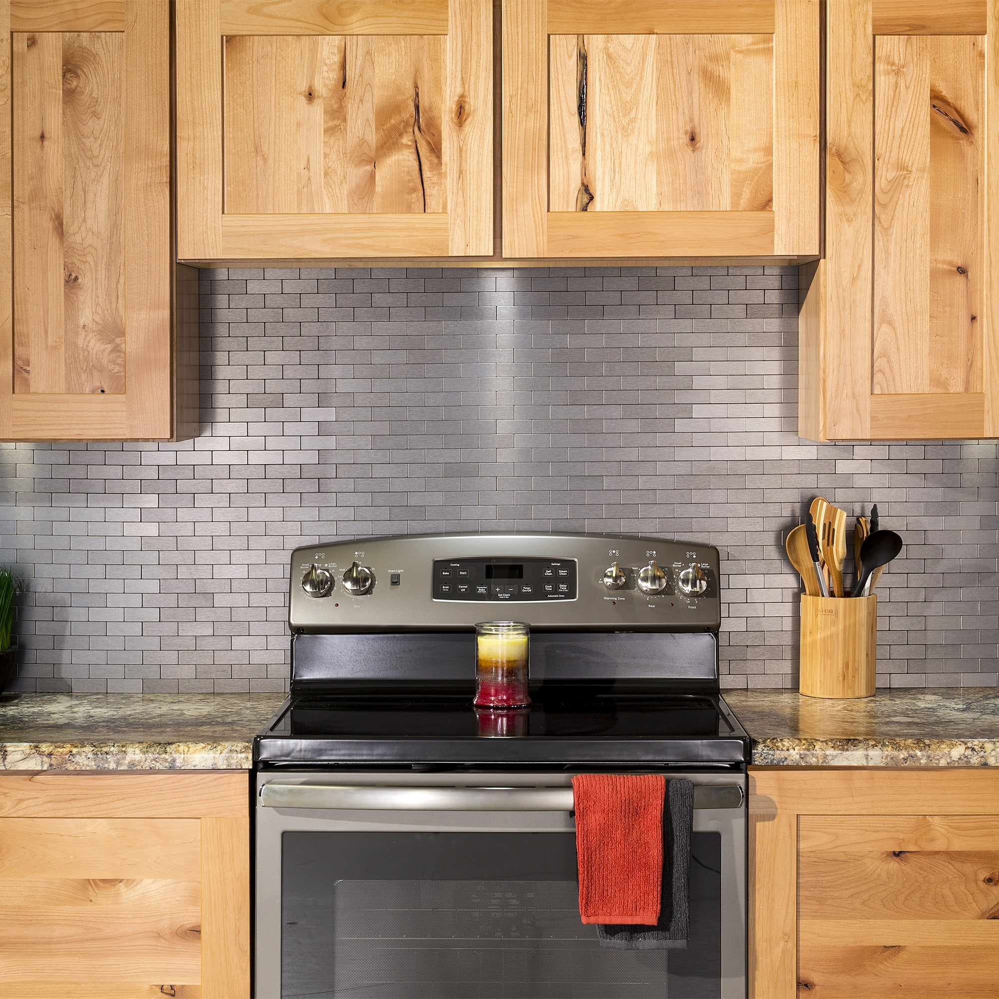 Aspect Peel and Stick Backsplash 12inx4in Subway Stainless Matted Metal Tile 15 Sq Ft Kit for Kitchen and Bathrooms