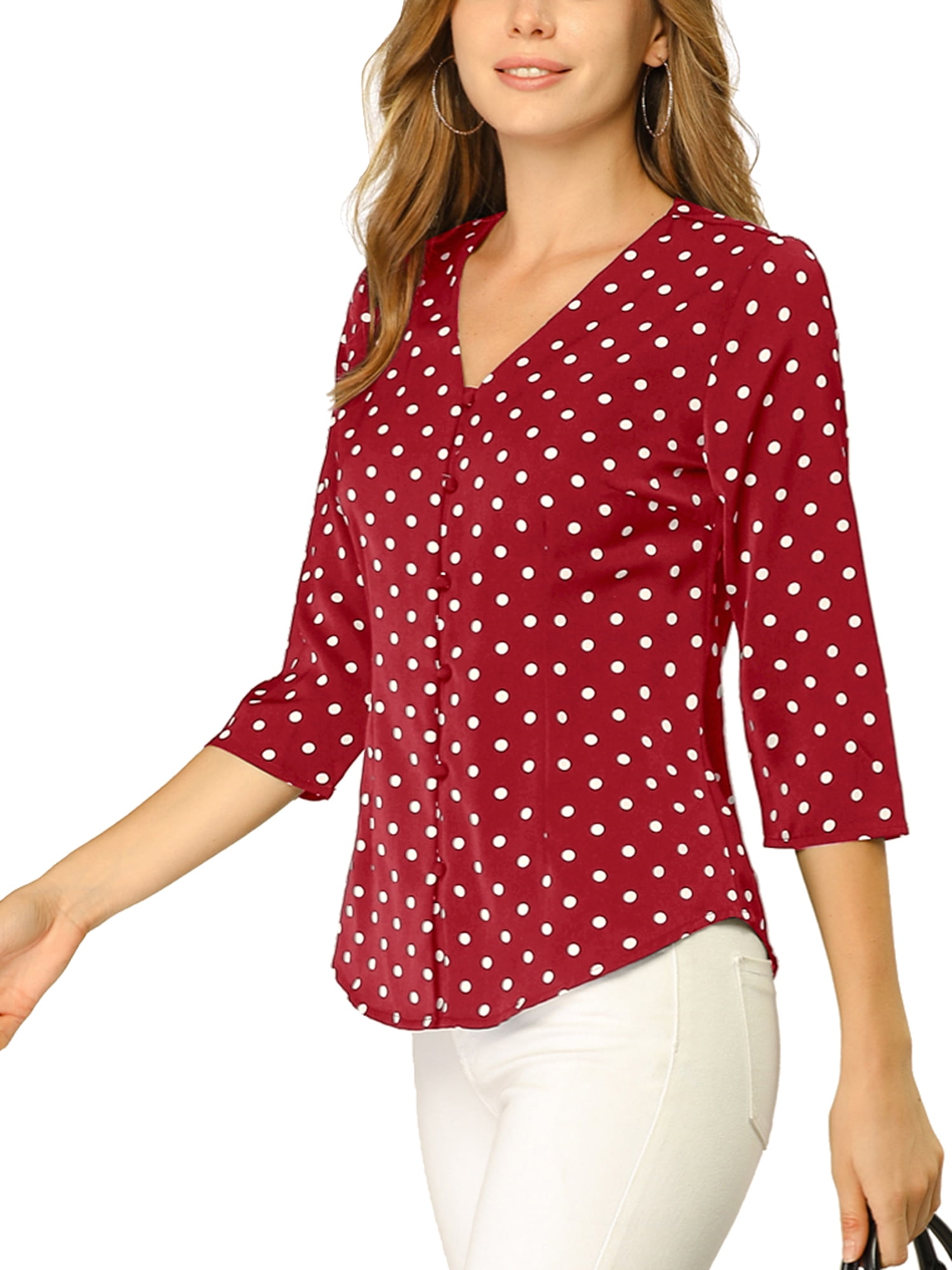 DARING DIVA Women's V Neck Polka Dots 3/4 Sleeve Casual Button Blouse S Red