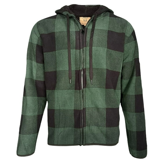 Men's Flannel Hoodie Sherpa Fleece Lined Plaid Zip Up Lightweight Jacket Casual, Green, XL