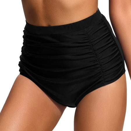 YOUSNH Women High Waist Bikini Bottoms Swim Briefs Beach Shorts Ruched Bottom High Cut Swim Bottom Full Coverage Swimsuit Bottom Sports Yoga Shorts Swimbottom Bikini Bottoms Black L