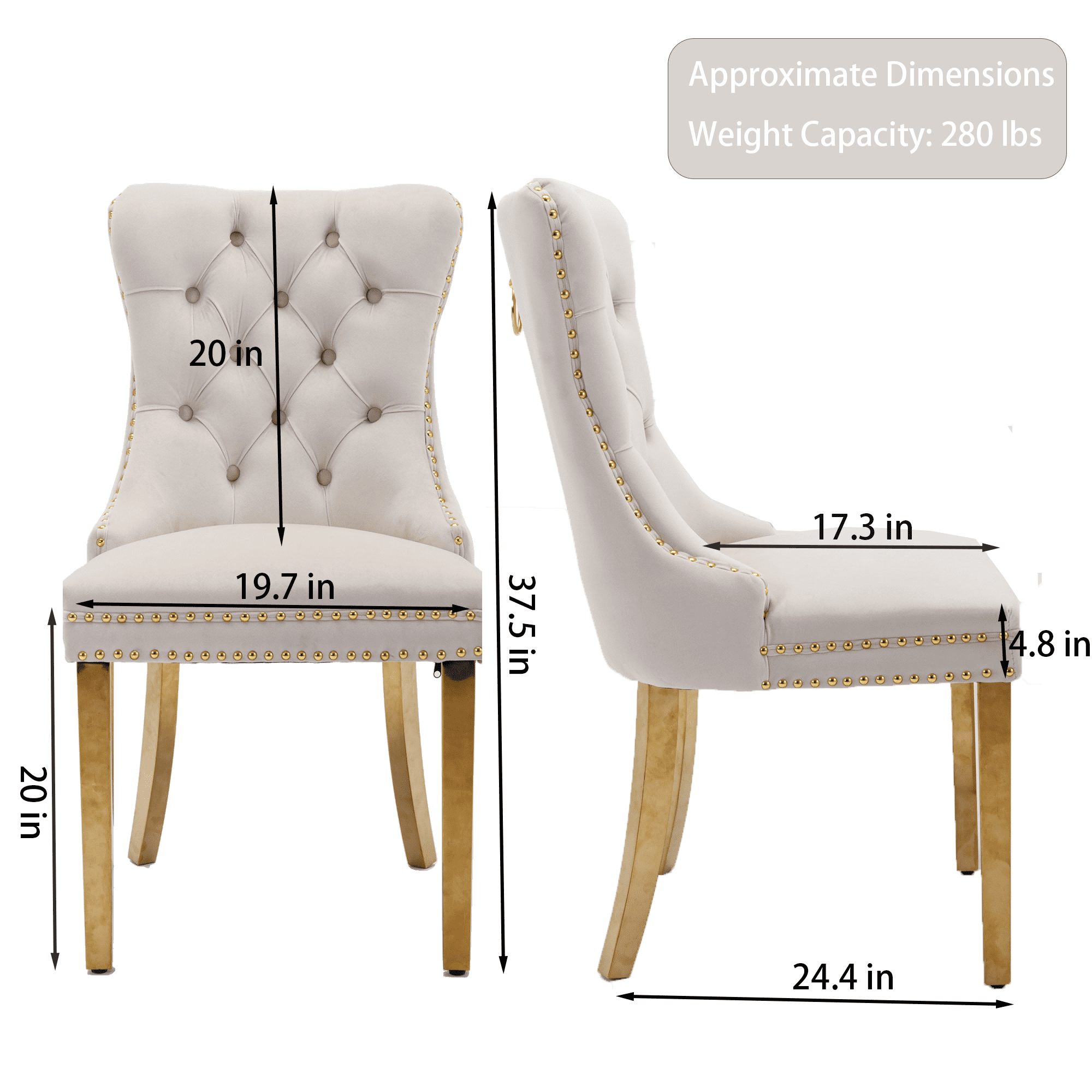 Dining Chairs, Accent Diner Chairs with Nailhead Trim and Back Ring Pull, Velvet Fabric Dining Room Chairs, Side Chair Kitchen Chairs with Golden Stainless Steel Plating Legs (Set of 4)