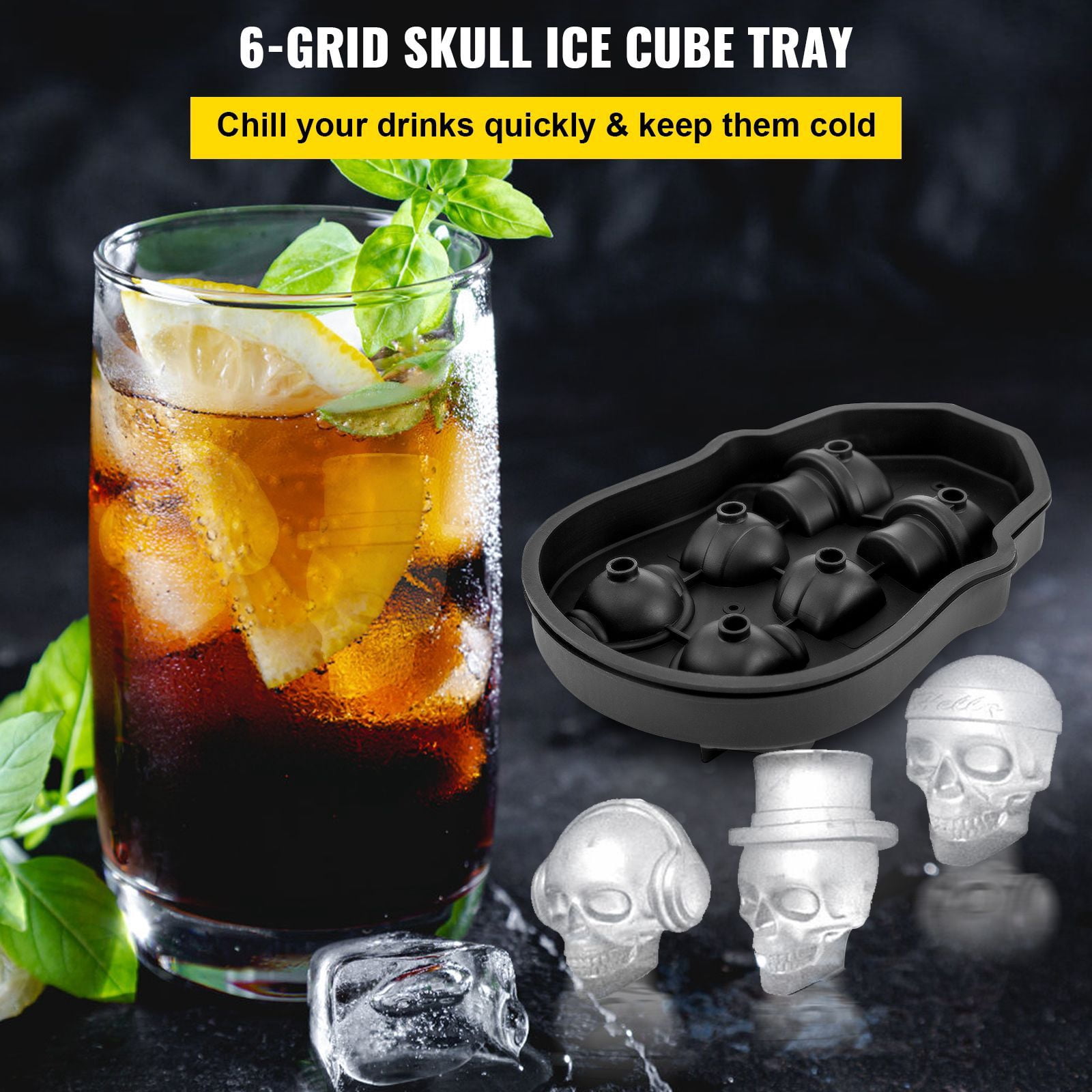 6-Grid Skull Shaped Ice Cube Tray with Lid & Funnel, Food-Grade Silicone 3D Skull Mold, Sealed Leak-Proof for Whiskey Cocktails Halloween Party Bar
