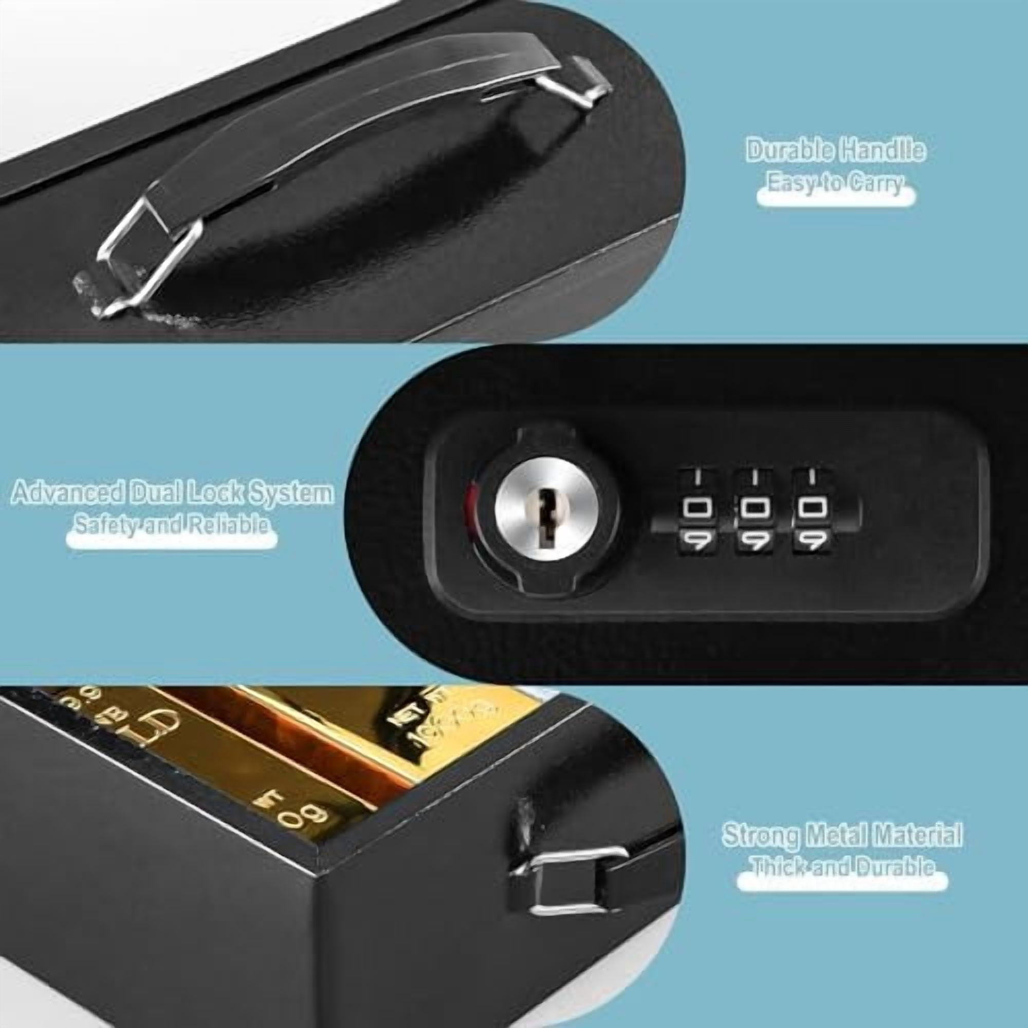 Fireproof Lock Box for Documents, Dual Combination and Key Lock Security with Carrying Handle, Metal Strong Safe Box to Keep Personal Items,Documents, Exterior 12.8" x 8.4" x 4.5", Black