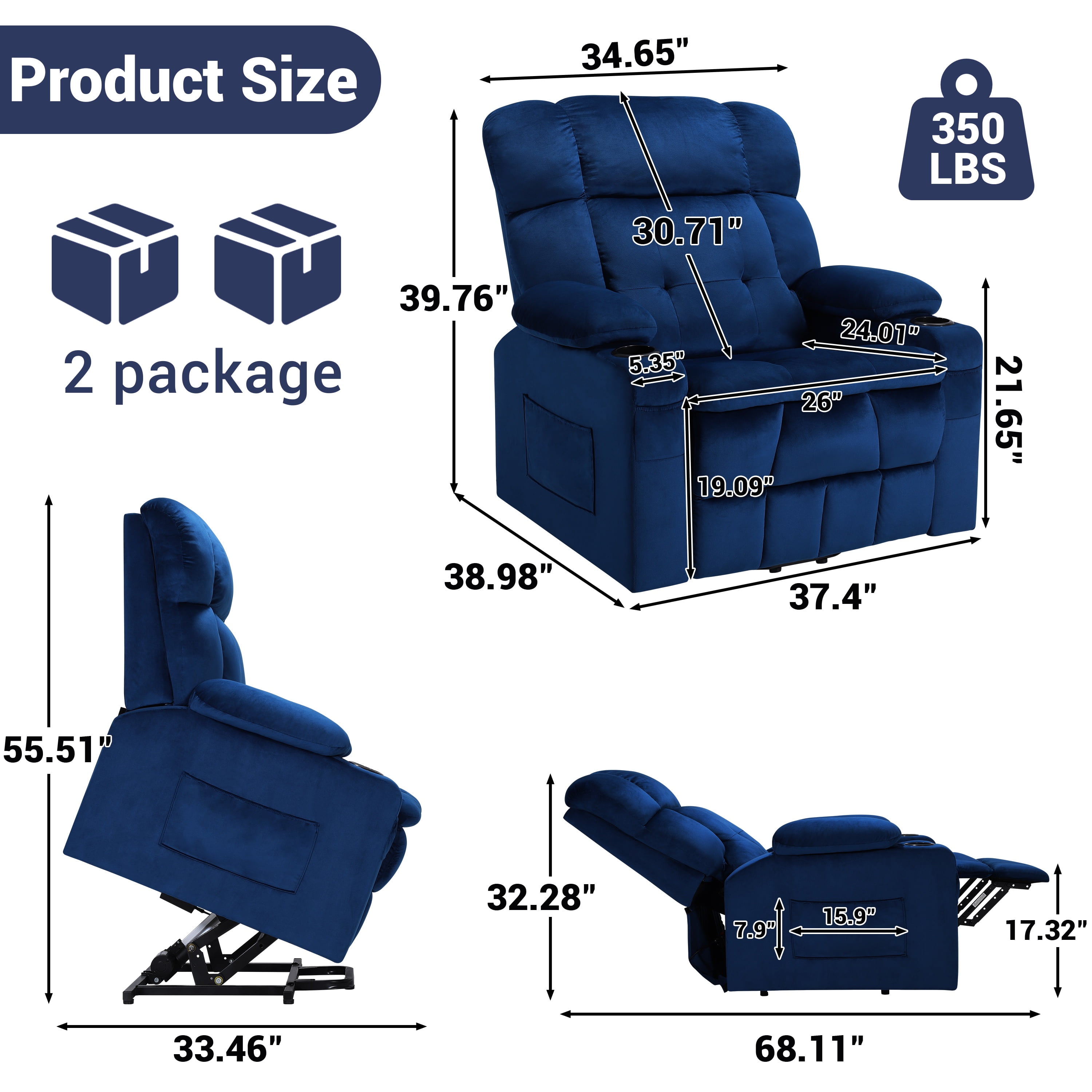 Oversized Power Lift Recliner, LEGAHOME 26in Large Wide Lift Chair for Elderly, Massage Recliner with Heat for Big and Tall Adults, Living Room Recliner Chair with Cup Holders, Blue