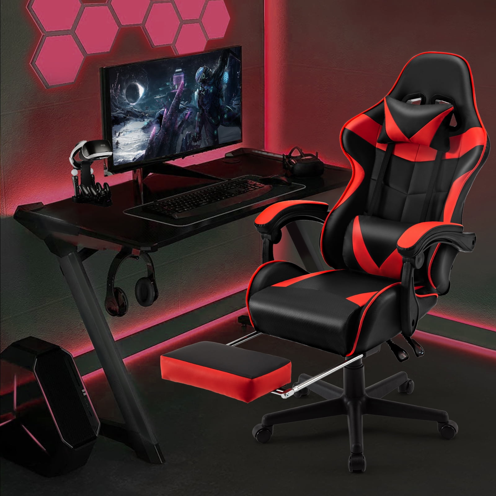 Luxvie Gaming Chair High Back Office Chair with Footrest, Headrest, Massage Lumbar Support Swivel Ergonomic Gamer Chair for Adults, Red